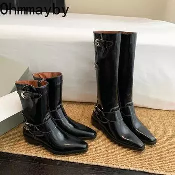 модные женские сапоги в стиле вестерн, модные туфли с пряжкой на поясе в стиле ретро, осень-зима, дамские длинные сапоги в стиле рыцаря 35