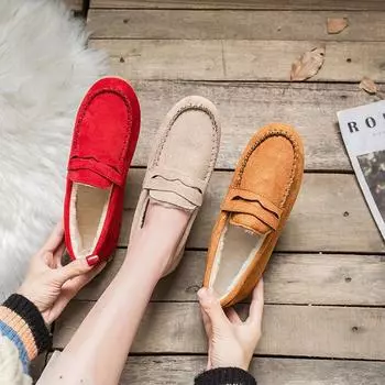 Fashion Women Winter Flats Shoes Ladies Casual Moccasin Warm Plush Female Fashion Non Slip Flock Loafers New Female Footwear 2024 New 35 красный