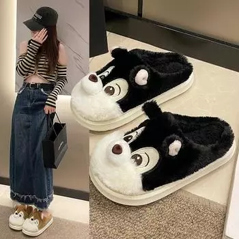 Fashion Women Winter New Cartoon Squirrel Cotton Slippers Flat Fluffy Slippers Fashion Home Indoor Fur Slippers Warm Soft Plush Shoes 36-37 хаки