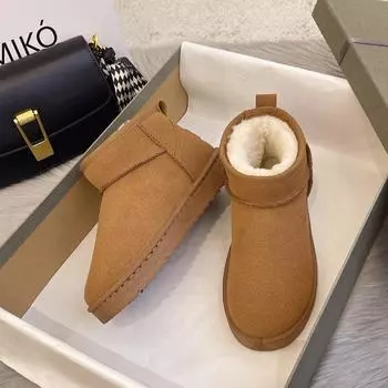 Fashion Women Winter Ultra Mini Boot 2024 New Designer Australian Platform Boots for Leather Warm Ankle Fur Booties Luxury Boots 35 чёрный