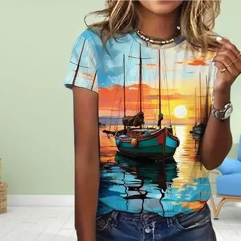 Fashion Womendawn Print T Shirt Funny Casual O-neck Short Sleeves T-shirt Summer Female Tee Shirt XS синий