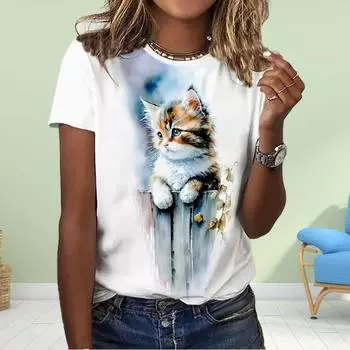 Модная женская футболка с принтом кошки, забавная повседневная футболка с круглым вырезом и короткими рукавами, летняя женская футболка XS белый