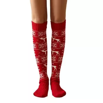 МОДА Женские рождественские высокие носки, вязаные чулки выше колена с принтом снежинок для осени и зимы One Size красный