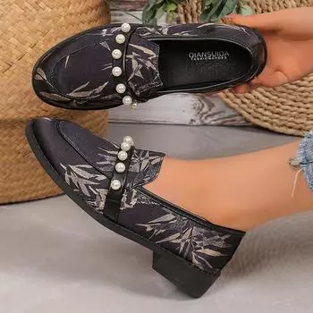 Модные женские элегантные туфли с круглым носком и жемчугом 2024 года, новые женские туфли на плоской подошве с неглубоким носком, легкие высококачественные туфли на низком каблуке, большой размер 43 36 чёрный