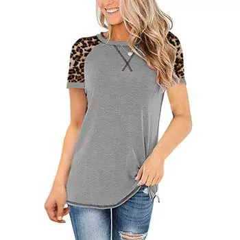 Fashion Womens Leopard Splicing Round Neck Casual Long Sleeve Tops XL
