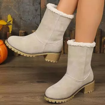 Fashion Womens Mid-heel Boots 2024 Winter Non-slip Suede Women Big Size 43 Short Boots Solid Color Warm Thick Heel Women s Shoes 36 светло-серый