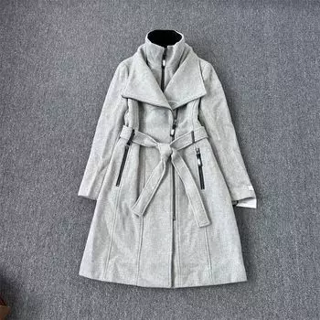 Fashion Woolen Shoelace Waist-Tight Elegant Coat Overcoat Grey Wool Double Placket Coat XS