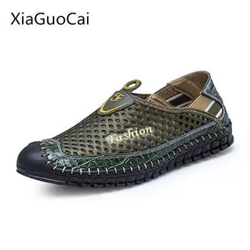 Мода XiaGuoCai 2017 Новые водонепроницаемые мужские мокасины Slip-on Fashion Car Натуральная кожа Мужская повседневная обувь Летняя сетчатая дермальная L47 35 6.5 коричневый