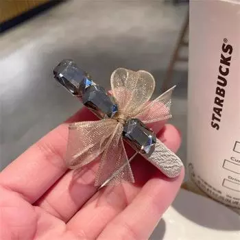 Fashion Xiaojuan yarn bow crystal duckbill clip one-word clip simple style bangs clip side clip new hairpin hair accessories