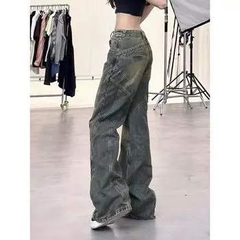 Fashion Y2g Sexy Denim Female Spring/Summer 2025 New Arrival Plus Size Plus Size Ladies Straight Drooping Wide Leg Mop Pants Blue Grey [High Quality]] 3XL [75.00 kg-90.00 kg]]