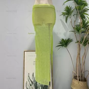 Fashion Yanni Fashion New Arrival Sheath Half-Length Dress Diamond-Embedded Tight Sexy Influencer Picks Full Diamond Slit Skirt Fluorescent Green All yards