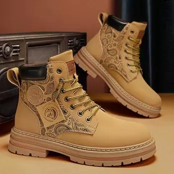 Модные желтые мужские модные ботинки Модные повседневные мужские мотоциклетные ботинки Ботинки из кожи на шнуровке Ботинки мужские рабочие ботинки Botas Hombre 39