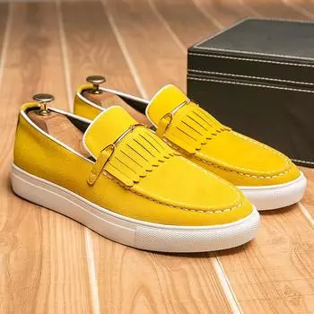 Fashion Yellow Mens Suede Loafers Casual Shoes Large size 47 British style Gentleman Leather Shoes Men Vintage Slip On Leisure Shoes Men 39