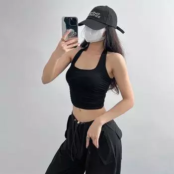Fashion Yoga Fitness Ruched Spaghetti Straps Exercise Vest Black M