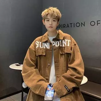 Модная молодежная популярная куртка Harajuku с длинным рукавом, простая тенденция, стандартная тенденция, литературный мужской лацкан M коричневый