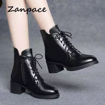 Fashion ZANPACE 2024 New Winter Boots Women Lace-Up Keep Warm Fur Women s Autumn Shoes Leather High Heel Pointed Toe Women s Ankle Boots 5 чёрный
