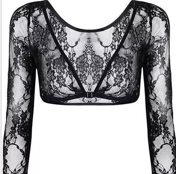 FASHION Женская летняя сексуальная блузка, кружевной прозрачный глубокий V-образный вырез с длинными рукавами облегающий укороченный топ для девочек, черный/белый M белый