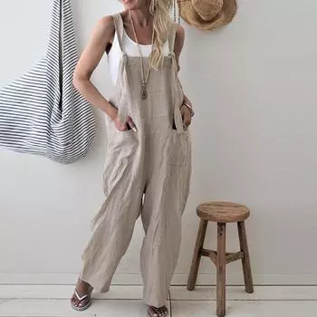 FASHION Женские однотонные брюки с регулируемыми лямками без рукавов с карманами комбинезон S чёрный