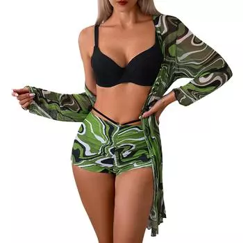 FASHION женский сексуальный купальник из двух частей, однотонный, с принтом, с высокой талией, купальник-накидка, комплект из трех частей S синий