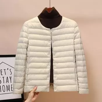 FASHION зимняя легкая куртка-пуховик женская короткая теплая комбинезон носить два V-образным вырезом тонкая без воротника куртка большого размера S серый