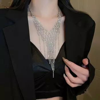 Fashion Zircon V-shaped Tassel Necklace Light Luxury Collarbone Necklace Collarbone Chain Women серебряный
