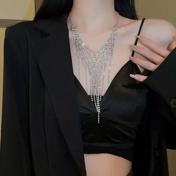 Fashion Zircon V-shaped Tassel Necklace Light Luxury Collarbone Necklace Collarbone Chain Party серебряный