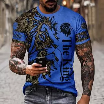 Модная мужская властная футболка с 3D принтом льва, уличная трендовая футболка с короткими рукавами и круглым вырезом, летний спортивный топ больших размеров 5XL