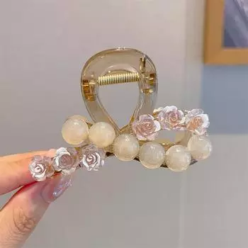 Fashionable acrylic hair clip for women, elegant camellia crystal pearl hair clip, large hair volume, back head hair shark clip