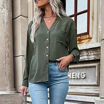 Fashionable and Casual Temperament Autumn Solid Color Women s Lapel Green Shirt Women S армия зеленый