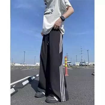 Fashionable and Simple Three-bar Trousers In Summer Thin Loose Draped Casual Straight Pants Versatile Sports Pants M чёрный