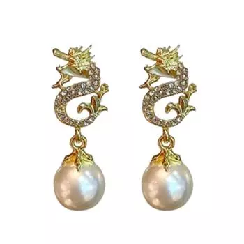 Fashionable and Stylish Dragon Earrings Jewelry Sophisticated Diamond Inlayed Dragon Earrings Elegant Pearls Ear Pendant белый