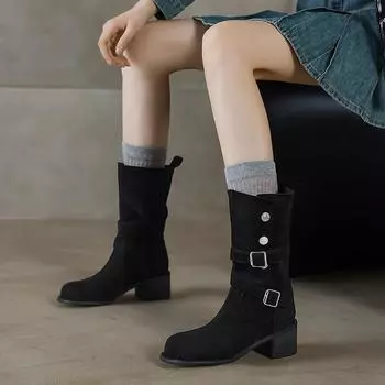Fashionable Belt Buckle Retro Mid-calf Boots 2024 New Versatile Autumn Thick Heel Western Women s Leather Knight Short Boots 35 хаки