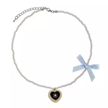 Fashionable Camellia Heart Necklace Adjustable Length Clavicle Chain with Bow Pearls Beaded Choker for Everyday Wear синий