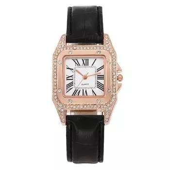 Fashionable Casual Ladies Watch Spot Set Auger Ms Roman Square Watch Women Watch Female Skin with Table чёрный