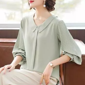 Fashionable Chiffon Blouse for Middle Aged Women Summer Casual T Shirt with Long Sleeve Elegant and Trendy Top XL