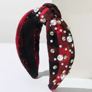 Fashionable Classic Plaid Fabric Headband Women s Nail Bead Rhinestone High-end Feeling Small Fragrance Hair Accessory One Size