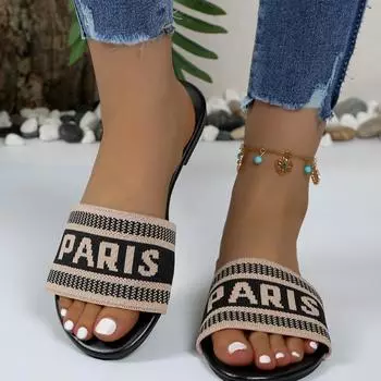 Fashionable Classic Simple Sandals 2024 New Women s Slippers Cloth Face Letter Outdoor Casual Flat Slippers 36 чёрный
