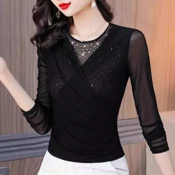 Модная женская рубашка с перекрестным воротом, осенне-зимняя, с длинными рукавами, круглым вырезом, с бархатным однотонным принтом, приталенная базовая рубашка, футболки женские L