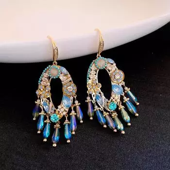 Fashionable Crystal Flower Tassel Earrings with Embedded Diamonds Women s Elegant Vintage Feel Holiday Style Jewelry 3*7cm синий