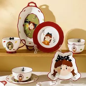 Fashionable Cute Cartoon Ceramic Plates Home Afternoon Tea Dessert Fruits Plate Delicious Salad Plate Exquisite Baby Rice Bowls