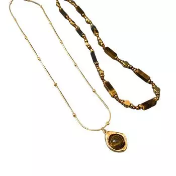 Fashionable Double Layer Collarbone Necklace Featuring Tigers Eye Stone Pendant in Vintage Styles for Trendy Women