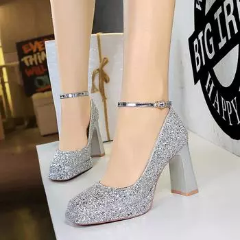 Fashionable Elegant Women Thick Heel High Heel Waterproof Platform Shallow Mouth Square Head Sequin One-Strip Single Wedding 35