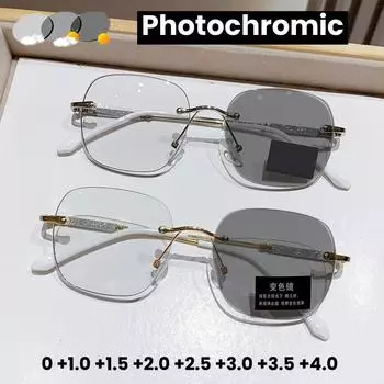 Fashionable Frameless Photochromic Reading Glasses Women Look Youthful High-definition Ultra Light and Anti Blue Light Glasses +400 серебряный