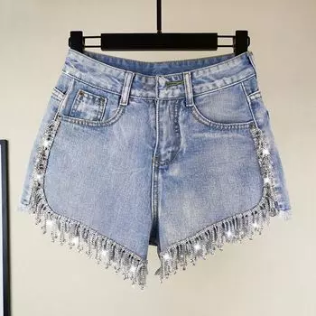 Fashionable Goods Fringed Burr High Waist Denim Shorts Summer Clothing Blue L
