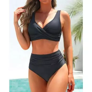 Fashionable High-Waist Bikini Swimsuit Separate Colors Printed Cross Design Women s Swimwear Elegant Chic Poolside Outfit XXL