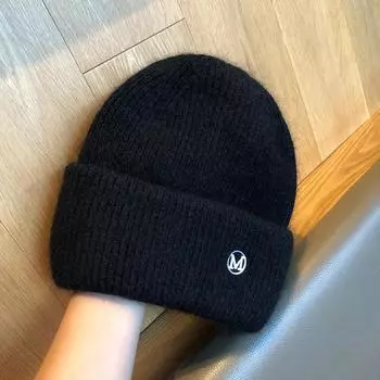 Fashionable Knitted Plush Hat With Solid Color Design And Letter Decor Daily For