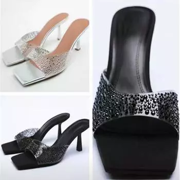 Модные женские шлепанцы на высоком каблуке большого размера, летние новые однотонные шлепанцы-стилеты с квадратным носком и стразами на одной линии 37