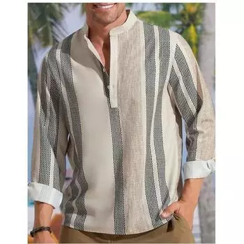 Fashionable loose long sleeved V-neck striped printed loose cotton and linen shirt S тёмно-синий