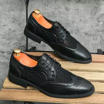 Fashionable Luxurious Men s Genuine Leather Shoes Hollowed Out Casual Shoes Business Office Banquet Shoes Summer Breathability 38 чёрный