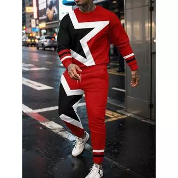 Модный мужской спортивный комплект с 3D-образным рисунком звезды, спортивная толстовка с капюшоном, длинные брюки, круглый вырез, спортивный комплект, повседневная одежда S